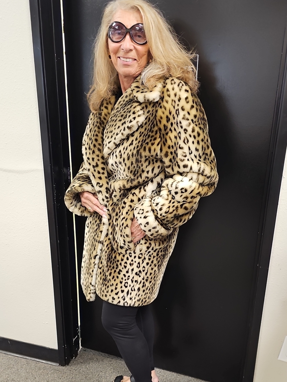 Leopard Print Faux Fur Coat - Made In France Size  XL